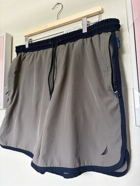 Nautica Gray Athletic Swim Shorts with Navy Trim